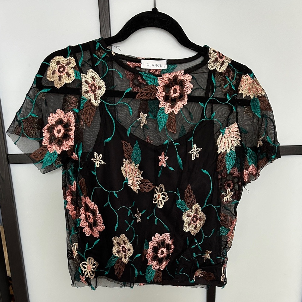 Black see through detailed shirt. Embroidery